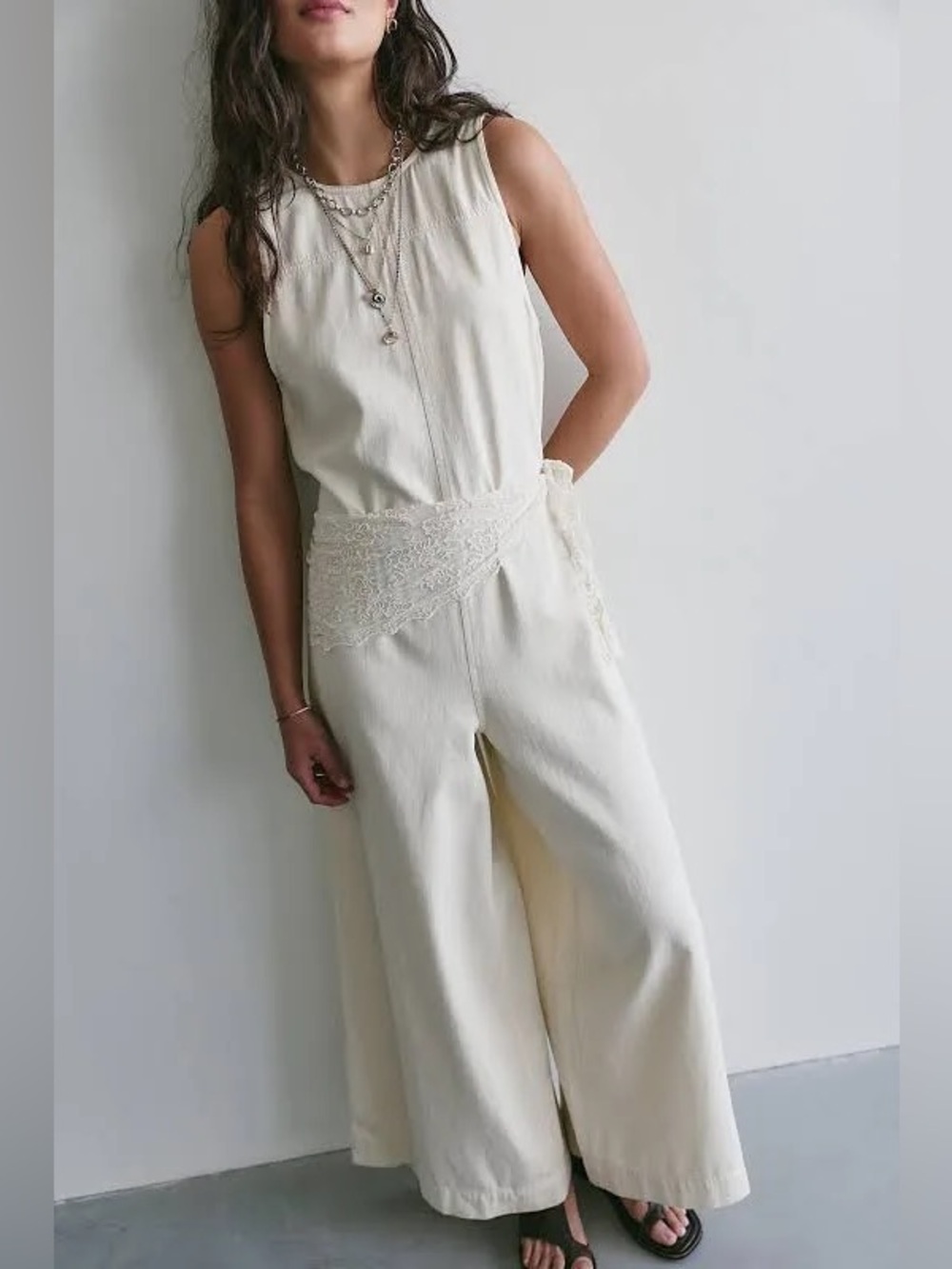 NWT FREE PEOPLE WE THE FREE Do No Wrong Denim Jumpsuit | Ecru/Ivory MSRP $148